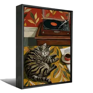 Cozy Napping Tabby Cat With Vintage Record Player & Coffee Canvas Wall Art, Retro Warm Tone Pet Canvas Print for Living Room Decor