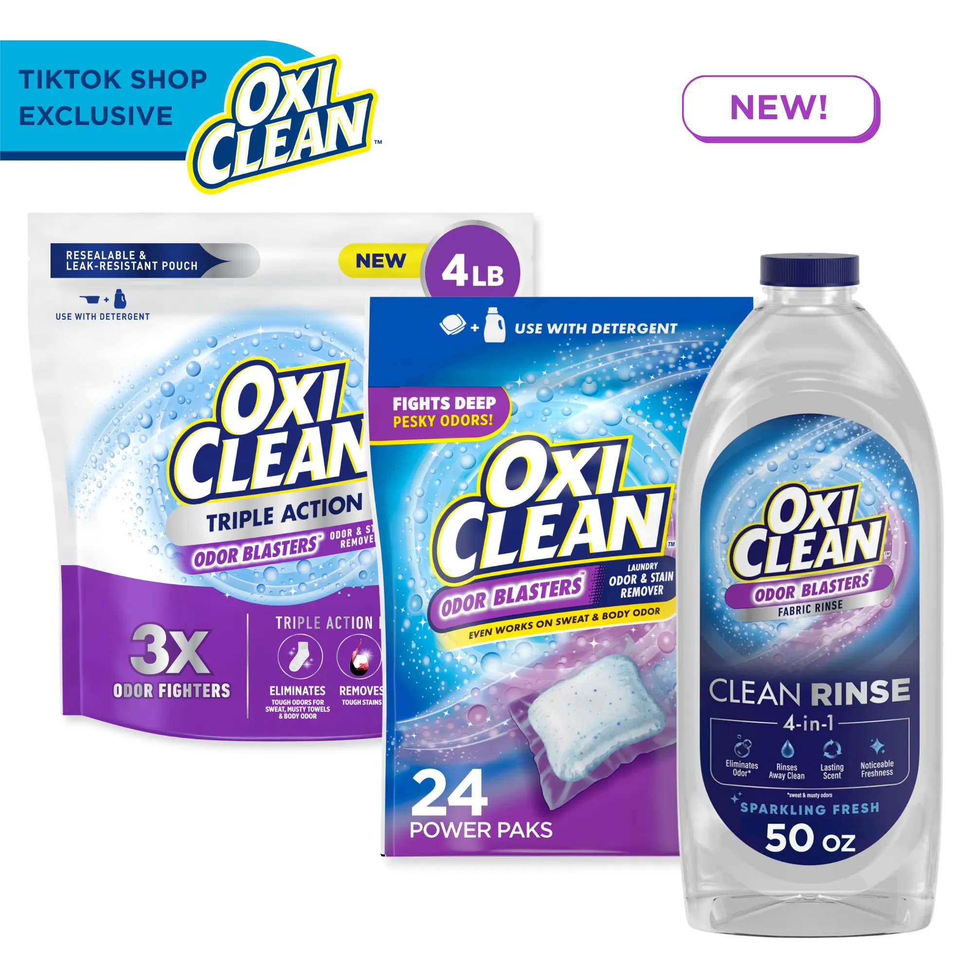OxiClean Freshness Bundle, Odor Blasters Clean Rinse Fresh Scent, Triple Action Odor Blasters Laundry Powder 4lb, Odor Blasters Power Pak 24ct