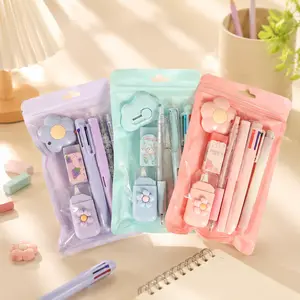 7-Piece Cute Blue Stationery  Set — Includes Ballpoint Pen, Pencil Sharpener, Highlighter, Correction Tape, Ruler, and Utility Knife. A Mini Office & School Supply Kit, Perfect as a Charming Gift or Party Favor. Boxes Automatic，student study kit