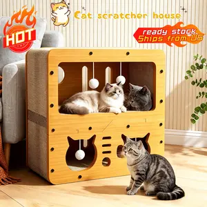 [MeynnPet]  Double Pet Bed/ Two-Tier Scratching Post and Cat Bed Combo / Wooden Multi-Functional Cat Bed / Includes a Cat Toy Ball / Suitable for Multiple Cats / 2 in 1 Cat Bed with Scratching Board