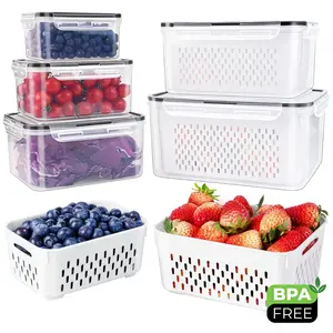 3 Pack Fridge Organizers and Storage - Stackable Fruit Storage Containers for Fridge with Removable Colander, BPA-Free Food Storage Container for Salad Berry Lettuce Vegetables Meat Keeper Fresh
