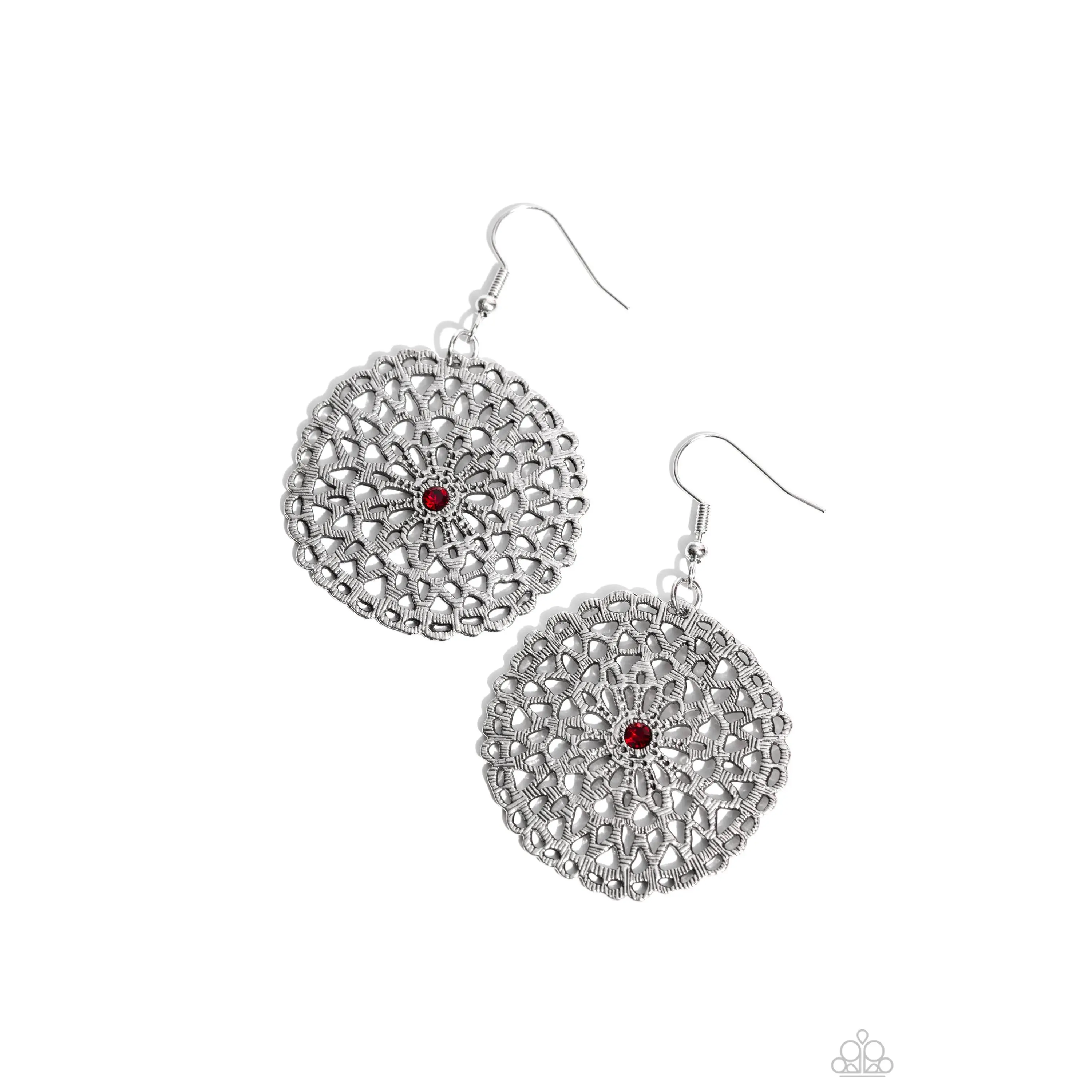 Rolling Radiance - Red Rhinestone Silver Circle Earrings - Paparazzi