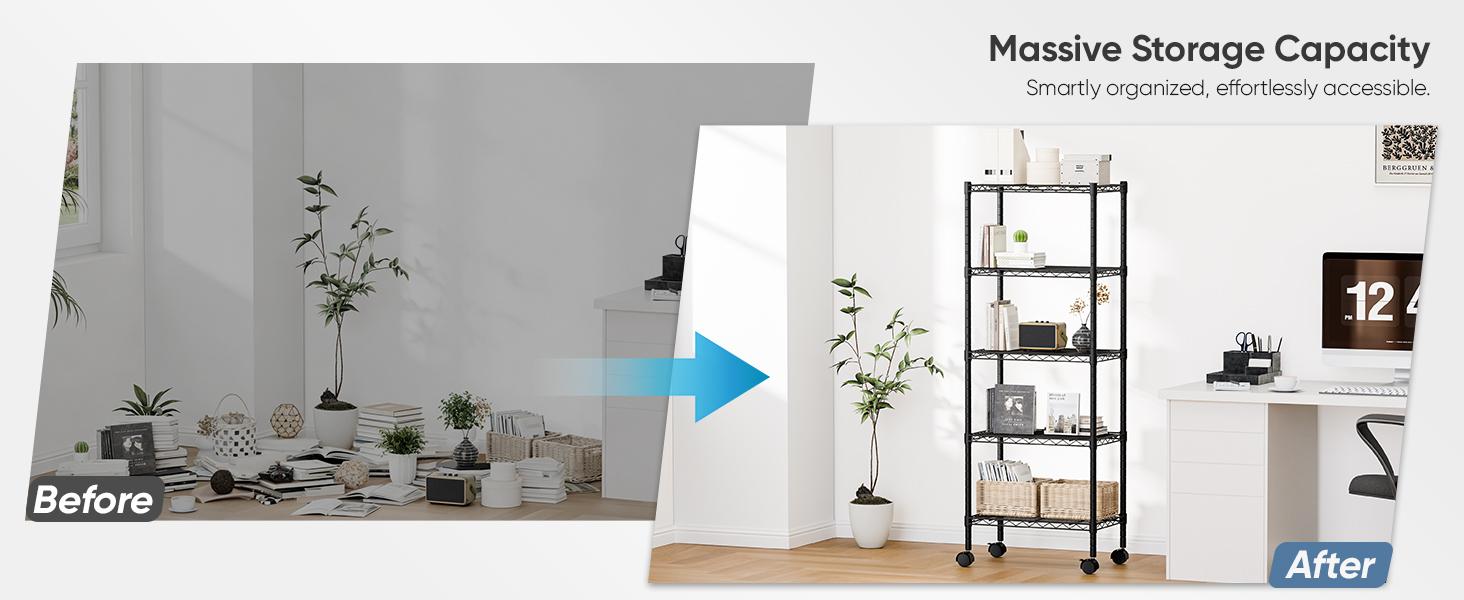 Heavy Duty Storage Shelves with Wheels, Adjustable Shelving Unit for Garage Kitchen Pantry, 200 lbs per Shelf, Black