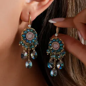 Dangle Flower Floral Green Crystal Drop Earrings for Women, 14K Gold Plated, Hypoallergenic, Teardrop Gemstone Hook, Wedding Bridal Party Chandelier Jewelry Gifts