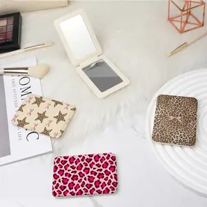 Y2K Leopard Print Star Lipprint Pocket Mirror, Mini Handheld Makeup Mirror, Flip Cover Full Leather Long Rectangle, Gift for Lover