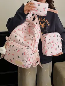 3pcs  Women's backpack, portable backpack, Durable backpack, cherry print zipper closure, fashionable and versatile, suitable for students to go to school, campus, go shopping, women's backpack