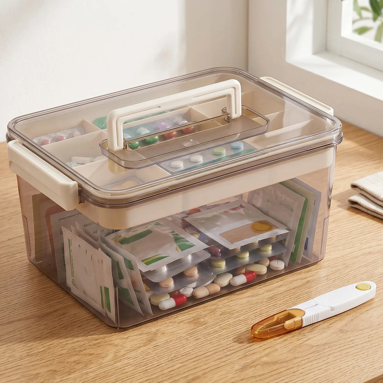 LOVEWE Portable Medicine Organizer Box with Lid, Clear Amber Home First Aid Storage Bin for Home Supplies Organization