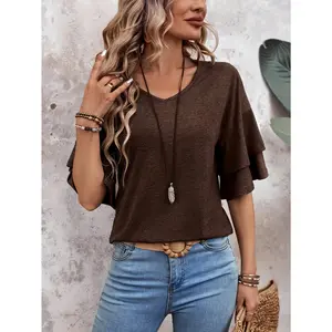 Flared Sleeve V-Neck T-Shirt, Casual Solid Color Layered Top, Suitable for Spring and Summer, Women's Fashion