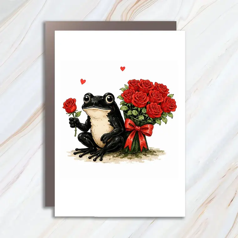Frog With Roses Love Greeting Card, Cute Amphibian Flower Bouquet Card For Valentine Anniversary Or Sweet Crush C984