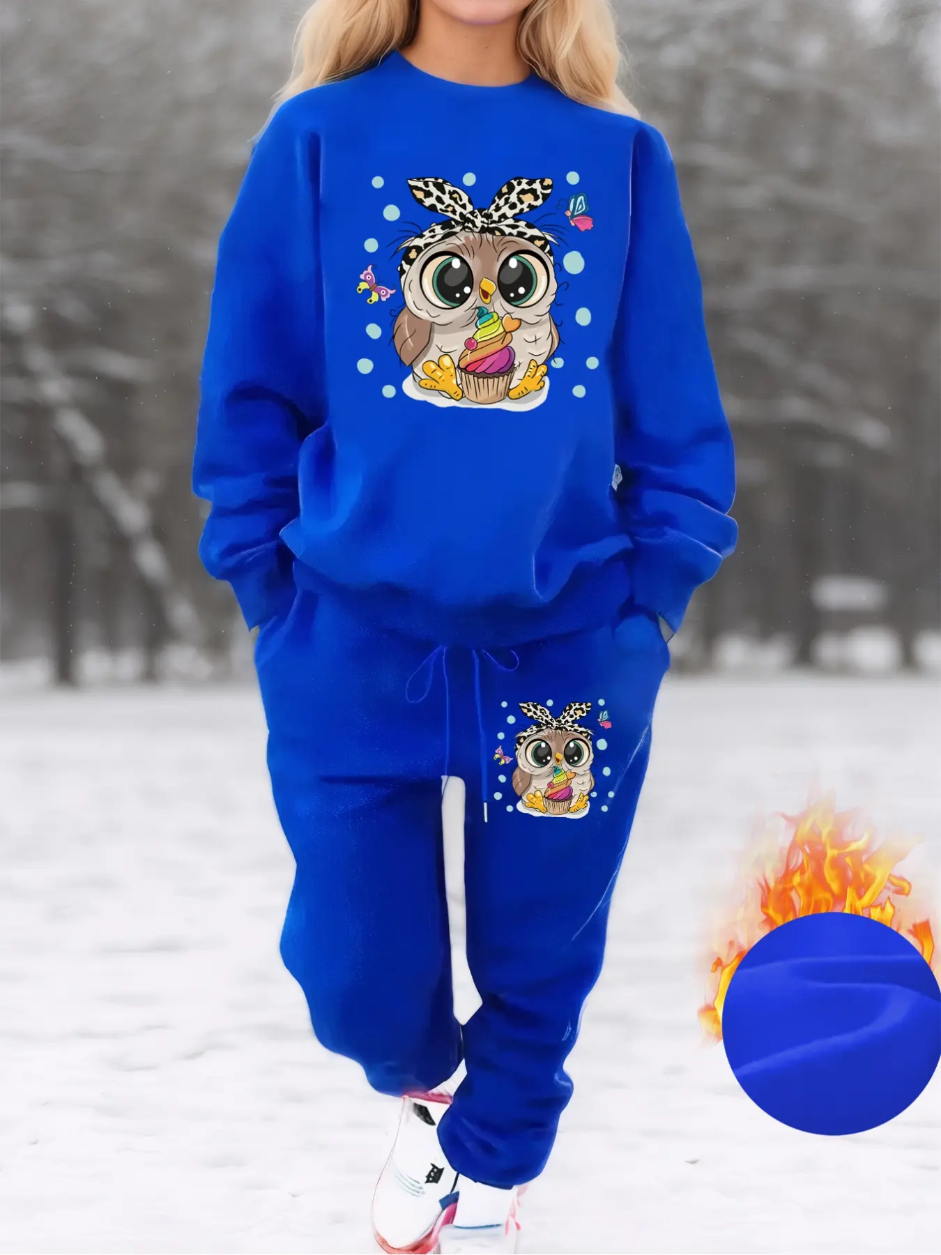Women's Plus Size Fall Winter Fleece Sweatshirt Set, Cartoon Owl Print Casual Streetwear Long Sleeve Round Neck Top & Drawstring Pants