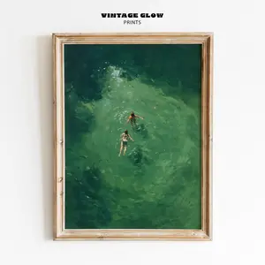 Swimming in Green Abstract Print Vintage Retro Wall Art Minimalist Green Holiday Decor