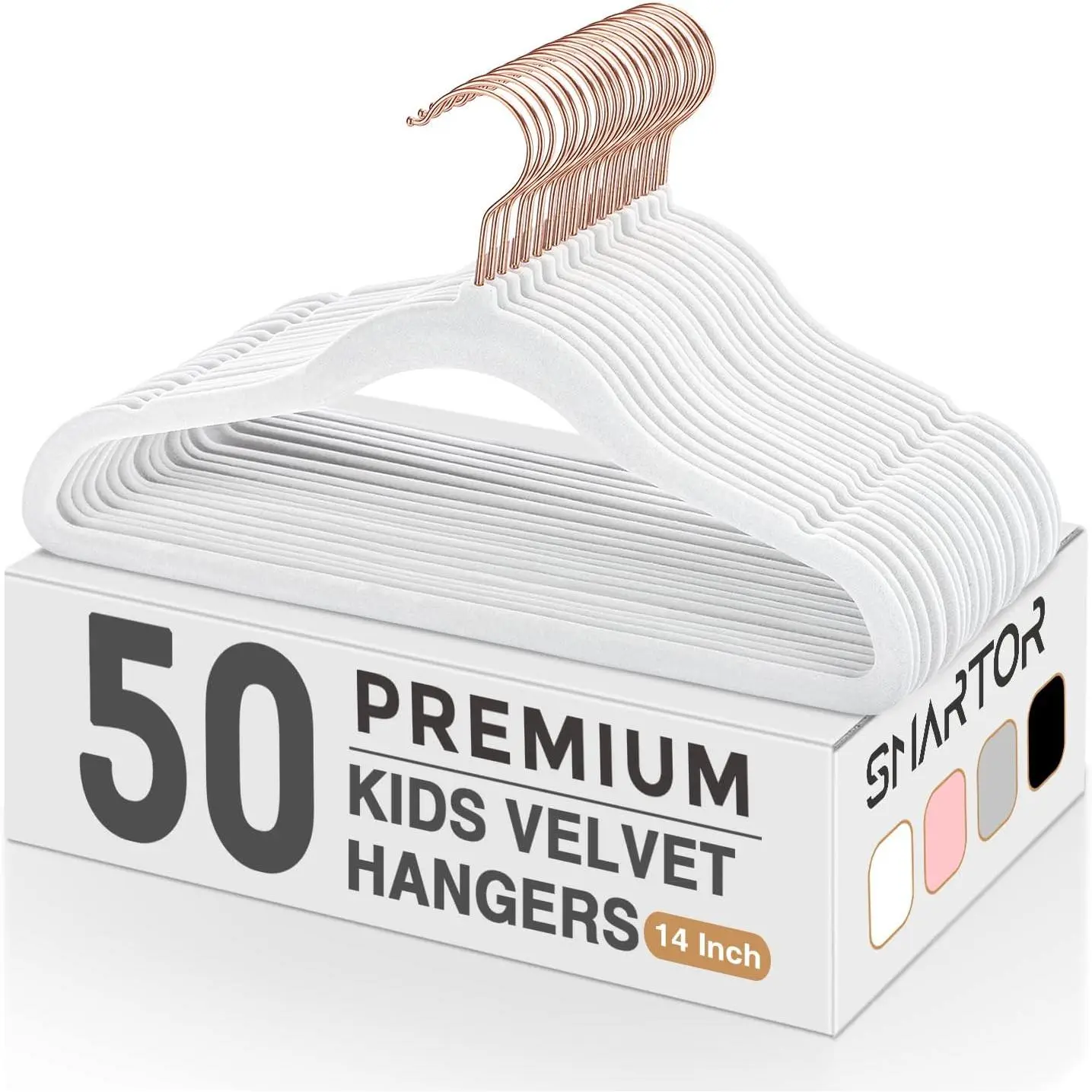 Kids velvet hangers 50 pack, 14'' inch premium non slip kids felt hangers for closet, space saving toddler clothes hanger for youth's childrens' clothes (rose gold hook)- white