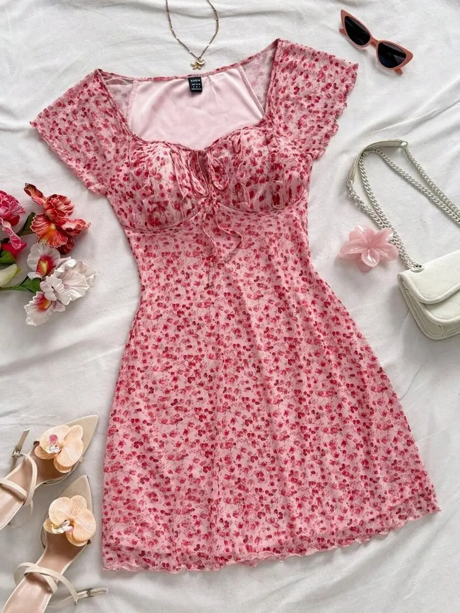 Floral Printed Ruffle Sleeve Dress, Pastel Belted A-Line Mini Dress for Spring Summer