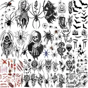 Aesthetic Gothic Halloween Temporary Tattoo Stickers - Black Skeleton, Reaper, Spider, Bat, Snake Designs for Men, Women’s Halloween Party Body Decor