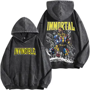 Invincible Immortal Superhero Graphic Washed Hoodie | Vintage Washed Oversized Heavyweight T Shirt | Comic Streetwear Shirt Large Back Print | Heavy Cotton Unisex | Gym Pump Cover Gamer Outfit