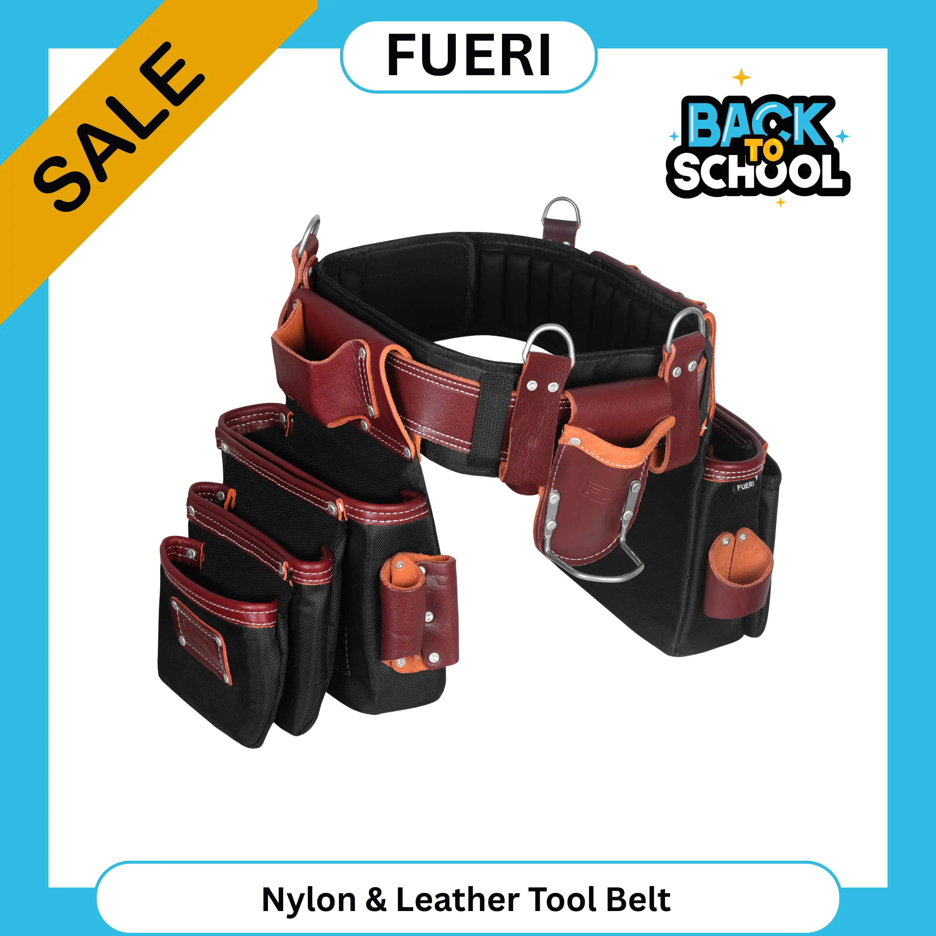 FUERI Men's Heavy-Duty Nylon & Leather Tool Belt - 26-Pocket Maroon & Black Pouch with Comfort Padded Belt, Spacious Organizer, Hammer Holder, Suspender Loops for Carpenters, Construction Workers, Tool Pouch, Tool Bag Organizer