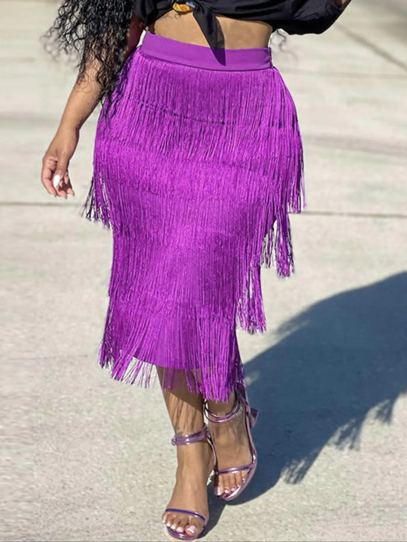 Elegant High-Waisted Fringe Solid Midi Skirt, Women, Perfect for Summer Parties and Events, Stylish Fitted Design for All Seasons