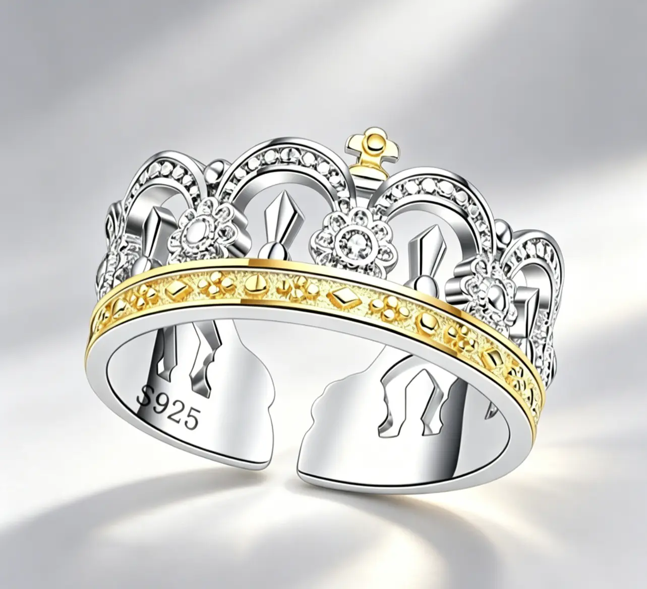 Two Tone S925 Sterling Silver Crown Open Ring Cubic Zirconia Princess Tiara Adjustable Band Ring Luxury Queen Statement Jewelry Gift For Women Wedding Party