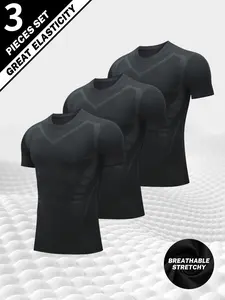 Men's Compression Shirts 3 Pack, Quick Dry Short Sleeve Workout T-Shirts, Athletic Gym Running Tops for Men