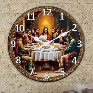 12 inch “Last Supper” wooden wall clock – Christian religious home decor, silent drip-free quartz movement, spiritual gift for living room, kitchen, and church, battery-powered round clock
