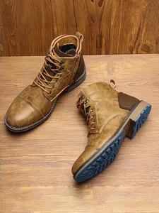 PU Leather Lace-Up Short Boots, Vintage Workwear Style, Classic, Metal Eyelets, Thick Sole, Anti-Slip Rubber Bottom, Side Zip Design