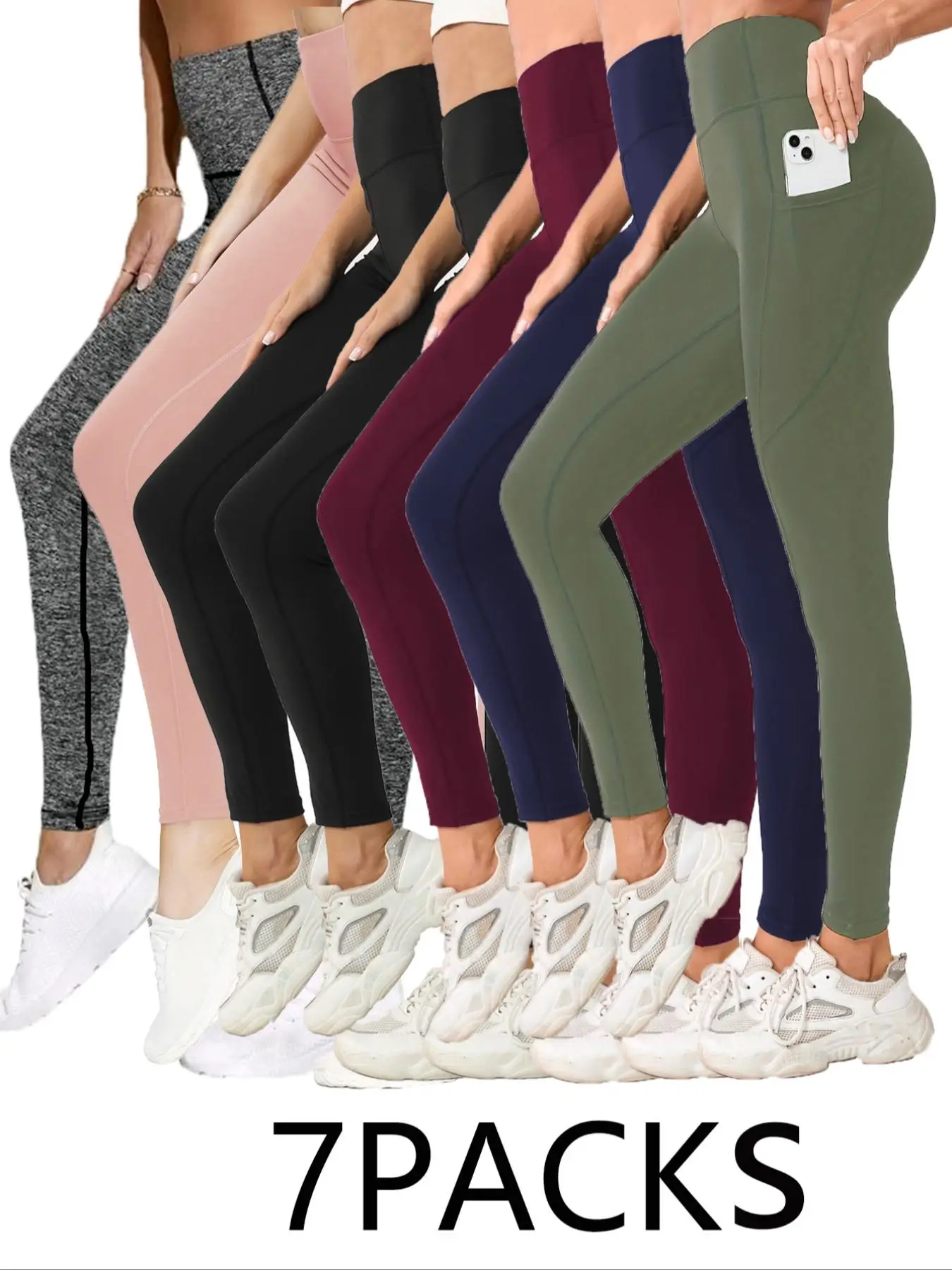 Women's Solid High Waist Pocket Sports Compression Leggings, Casual Comfy Breathable Skinny Compression Pants for Yoga Gym Workout Running, Activewear
