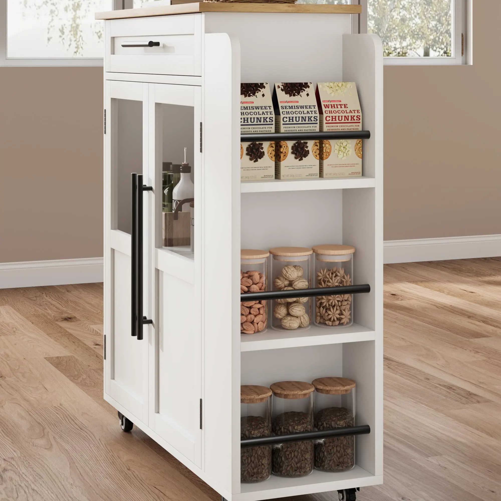 OUTGOODS MDF PB Board Glass Island Cabinet - Modern Kitchen Island Cabinet, Storage Cabinet, Kitchen Storage Cabinet with Glass, Kitchen Organization Cabinet