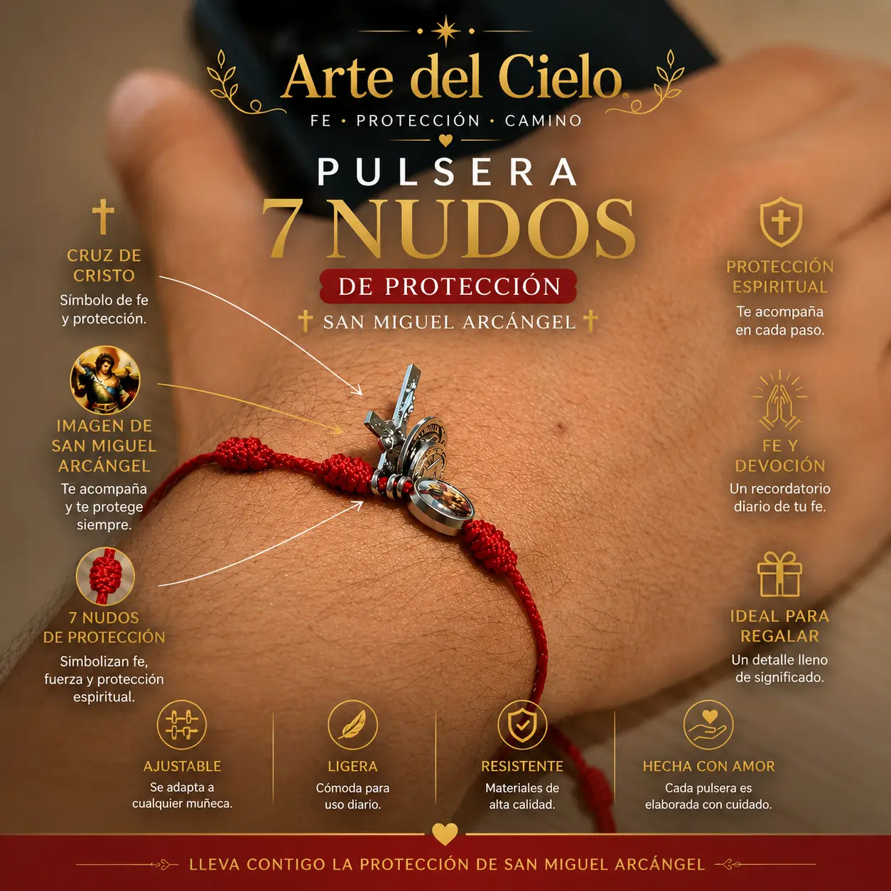 San Miguel Arcángel Jewelry Bracelet, 7-Nudos Red Cord Inspirational Bracelet with 4 Spiritual Charms