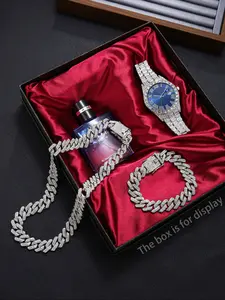 Luxury Sparkling Watch Set, Jewelry Watch Set, Full Diamond Cuban Chain & Bracelet, Romantic Scented Men's Wristwatch, Daily Wear or Holiday Gift