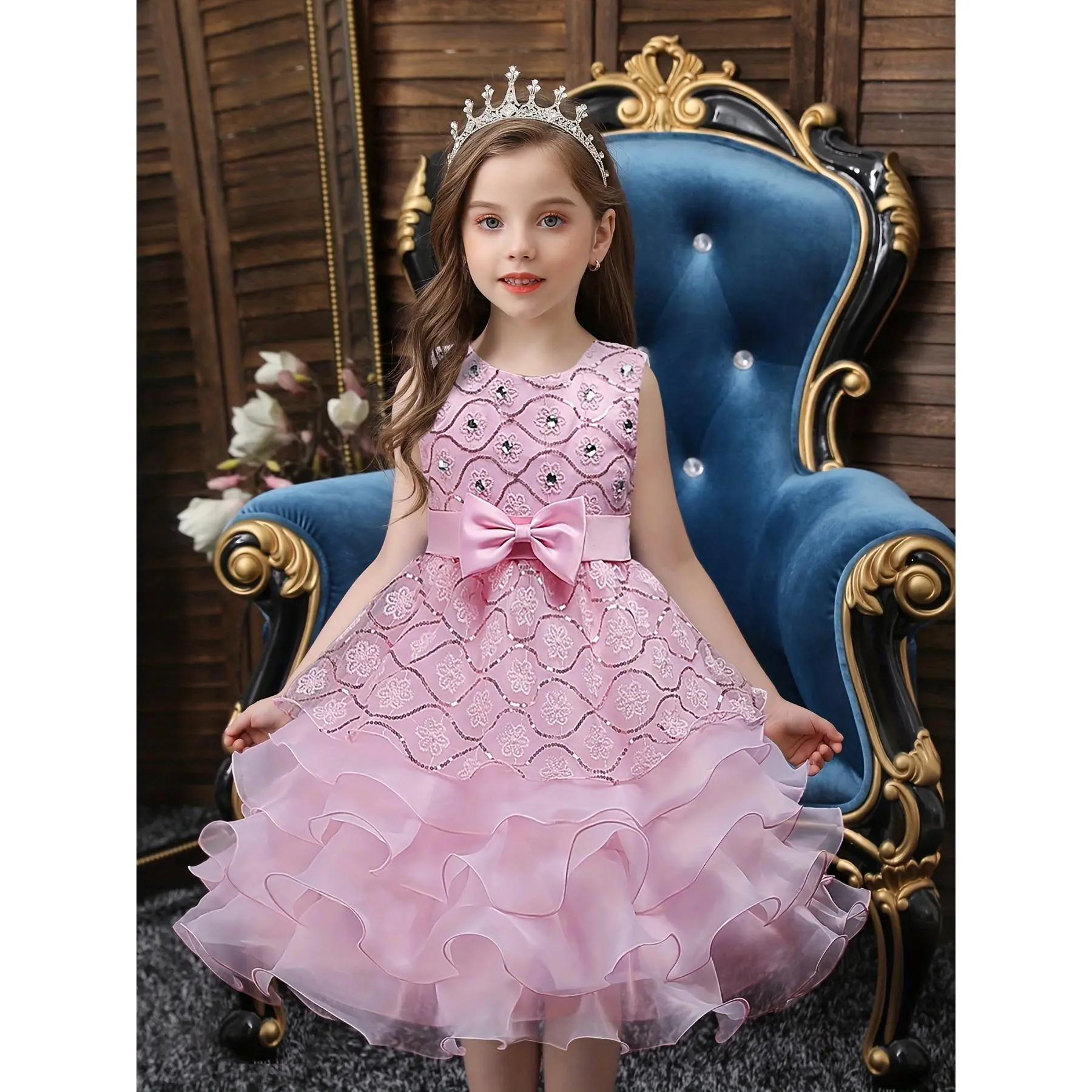 Girls' Medium-Large Size Flower Girl Dress 2025 New Style, 7-8y/11-12y Fashion Show Princess Tutu with Cake Puff Sleeves, Hem Placement Holes Are Normal Craftsmanship Feature