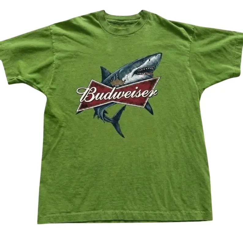 Budweiser Shark Graphic T-Shirt Green Gildan Cotton Short Sleeve Crewneck Tee