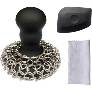 316 Upgraded Chainmail Scrubber with Silicone Handle Cast Iron Cleaner for Cast Iron Grill Pan Skillet Wok Bakeware Ergonomic to Hold Easy to Use Dishwasher Safe Scrubber + Scraper + Towel (Black)
