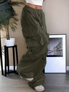 High Waist Flap Pocket Drawstring Waist Elastic Hem Pleated Casual Wide Leg Parachute Cargo Pants Spring