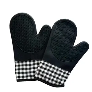 Black Durable Silicone Oven Mitts & Pot Holders Set, All-in-One Kitchen Gloves for Baking, Grill and cooking