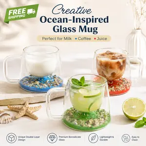 Ocean-Inspired Double Wall Glass Mug, Borosilicate Clear Cup with Beach Sand & Shell Base, Aesthetic Drinkware for Iced Coffee Milk Tea, TikTok Viraltrending,day gift ideas,sunshine Tumblers Bottles