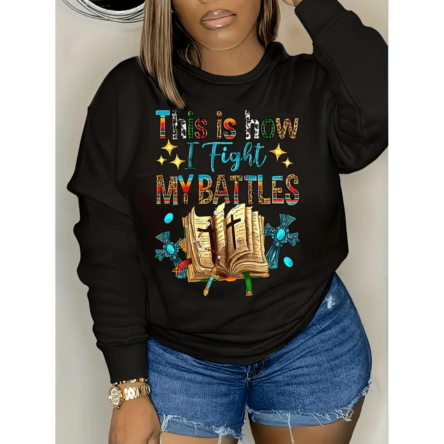 Cross and Bible Print Pullover Sweatshirt Casual Long Sleeve Crew Neck Womens Clothing