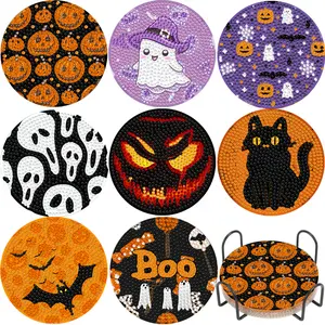 8Pcs Colorful Stylish Halloween 5D Diamond Painting Coaster Set, Non-Slip Diamond Art Cup Mats with Holder, DIY Needlework Decor for Halloween Party