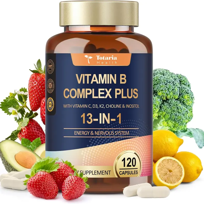 Totaria 13-in-1 Vitamin B Complex Plus with Vitamin B1-Energy, Nerve, Immune, Skin Support - 120 Vegan Capsules