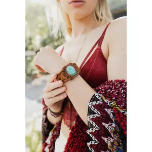 Boho Turquoise Stone Camel Leather Cuff Bracelet