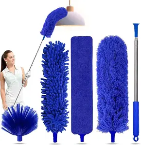5-in-1 Kit Dusters for Cleaning,100 Inches Duster with Extension Pole,Microfiber Dusters, Webster Cobweb Duster for Cleaning Ceiling Fans, Furniture, Blue