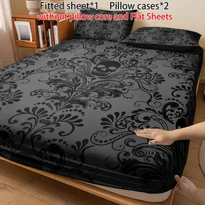 3PCS Dark Skull Gothic Style fitted Sheet Set (1 fitted  Sheet + 2 Pillowcases, No Pillows Included), Home Dorm High-Definition Digital Printing, Luxurious Artistic Feel of Dark Theme Bedding, Vintage Elegance Organic Cotton Grounding Sheets