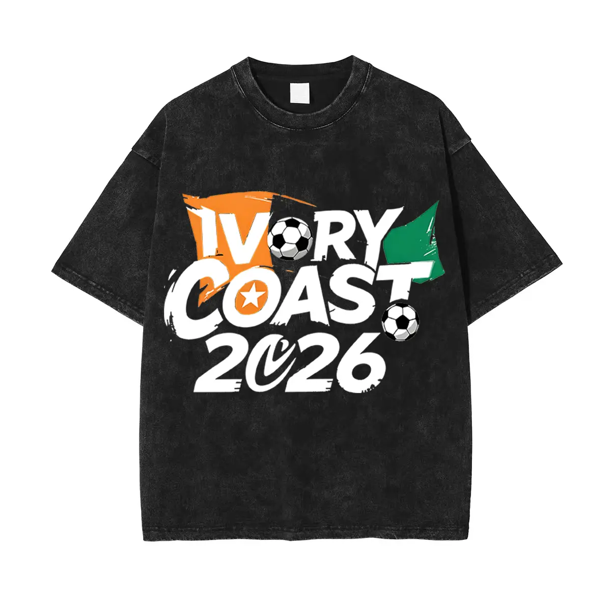 Men's Cotton Oversized Distressed Short-Sleeve Vintage Wash Ivory Coast Soccer Graphic Tee - 2026 Game Day Shirt