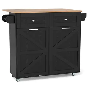 COSTWAY - Rolling Kitchen Island with Trash Can Cabinet and Rubber Universal Wheels-Black