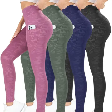 4PCS Women's Camo Print Stretchy Sports Leggings, Four Season Leggings, Breathable Comfortable Skinny Pants with Pockets, Ladies Sportswear for Indoor Outdoor Wear, Side Pocket Leggings, High Waist Activewear