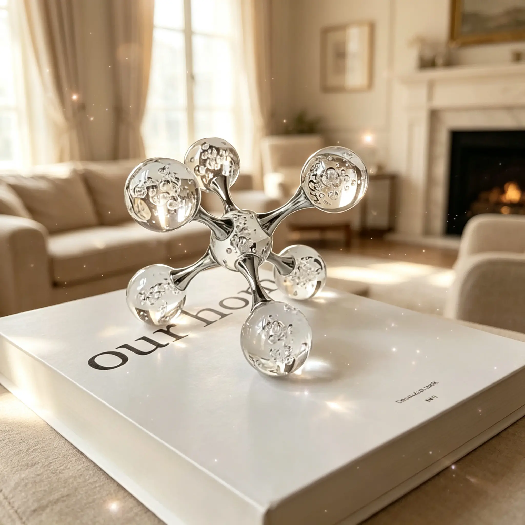 High-quality Geometric Molecule Crystal Sculpture Decor Polished Alloy Frame Bubble & Frosted Glass Modern American Living Room Table Ornament Cozy Dreamy Aesthetic Housewarming Gift