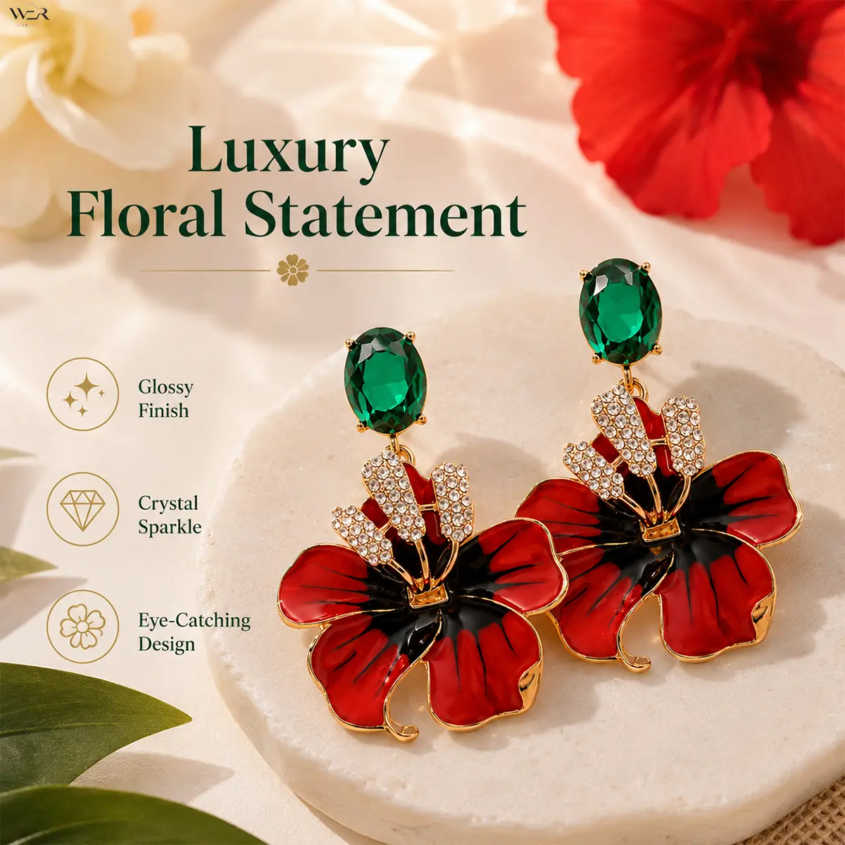 Women's Red Flower Theme Dangling Earrings - 1 Pair Gold-Tone Enamel & Crystals Jewelry, 4x6cm Large Sparkly Stones Dangle Earrings with Green Rhinestones, Elegant Special Occasion Accessory, Large Sparkly Stones Earrings