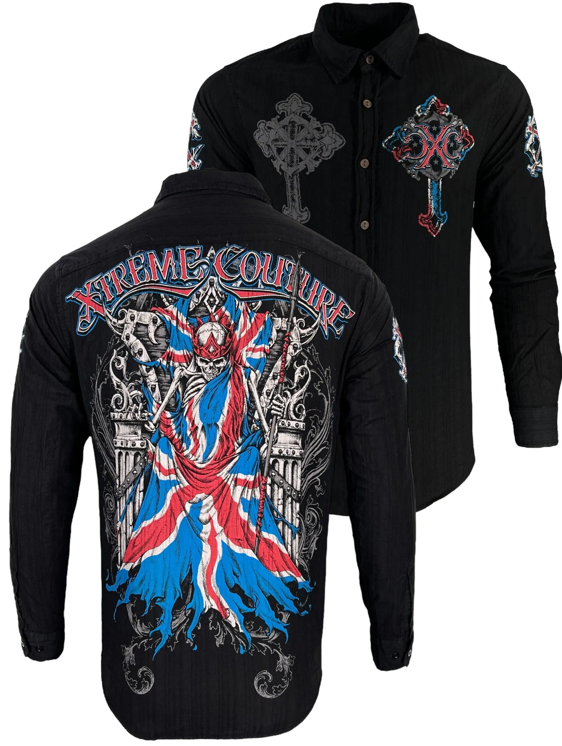 Xtreme Couture Men's Fortress Cross Graphic Long Sleeve Button-Up Woven Shirt - 100% Cotton, Made in USA, Tops, Button Down Front, Printed In Usa