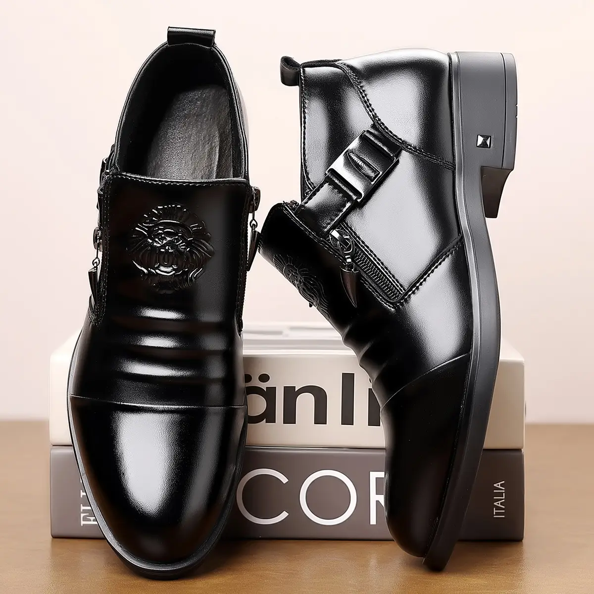 Men’s Ankle Dress Boots, Zipper Slip-On Leather Shoes with Stylish Embossed Design