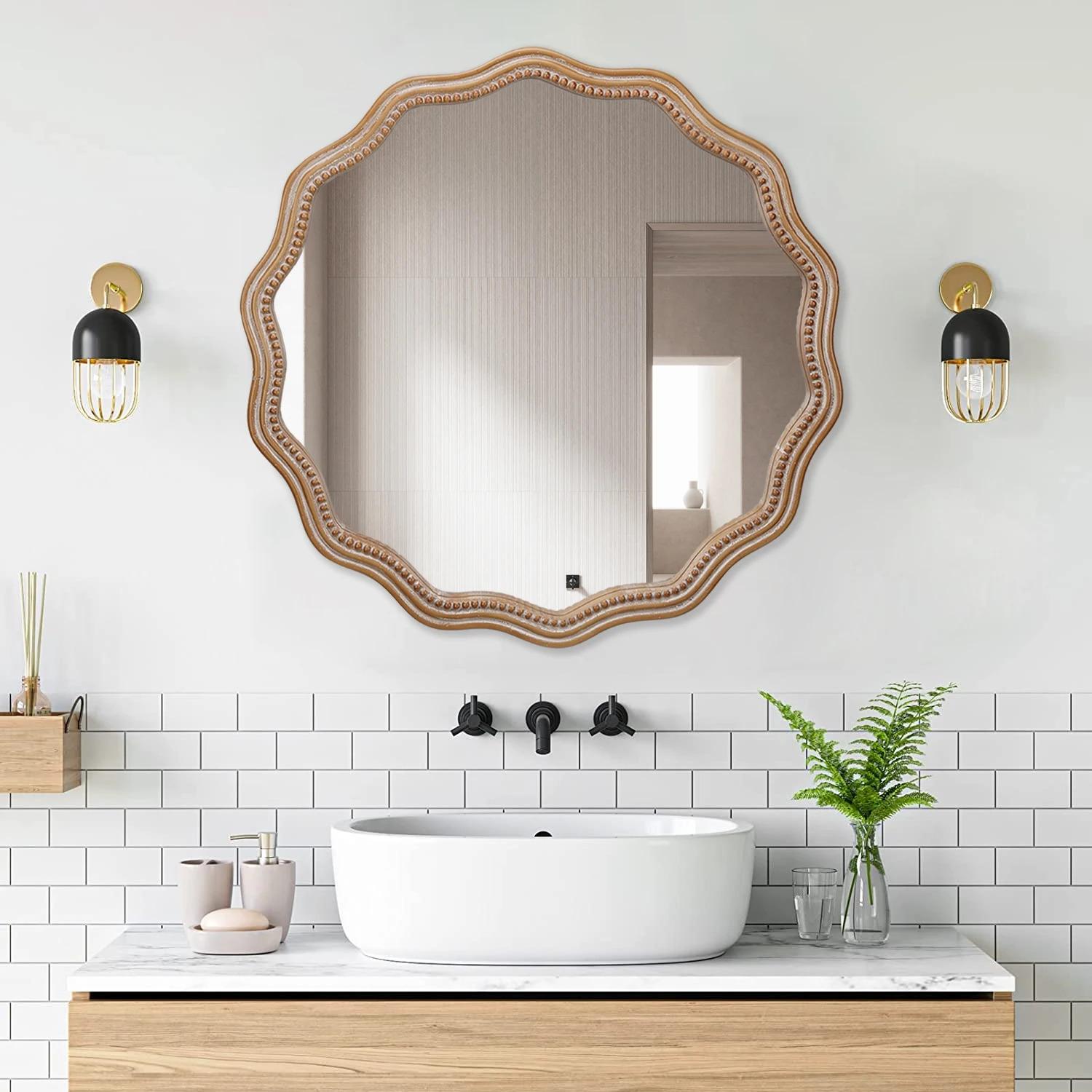 23.62 Inches Classic Design Large Circle Wall Mirror Wood Framed Hanging Wavy Scalloped Mirror for Home Decorative Use
