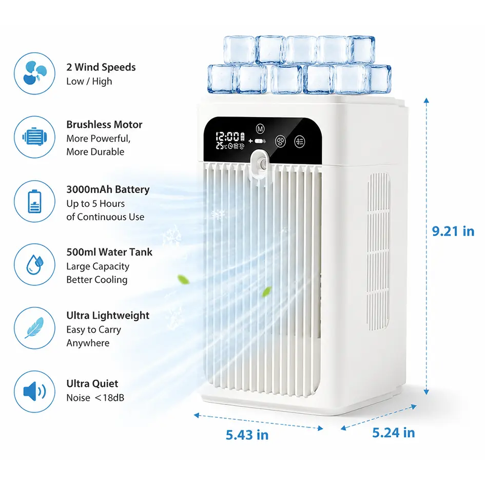 Portable Air Cooler Fan 3 in 1 Rechargeable Fan with 2 Mist Speeds and Powerful Wind, Mini Multifunctional Cooling Fan for Bedroom, Office, Camping